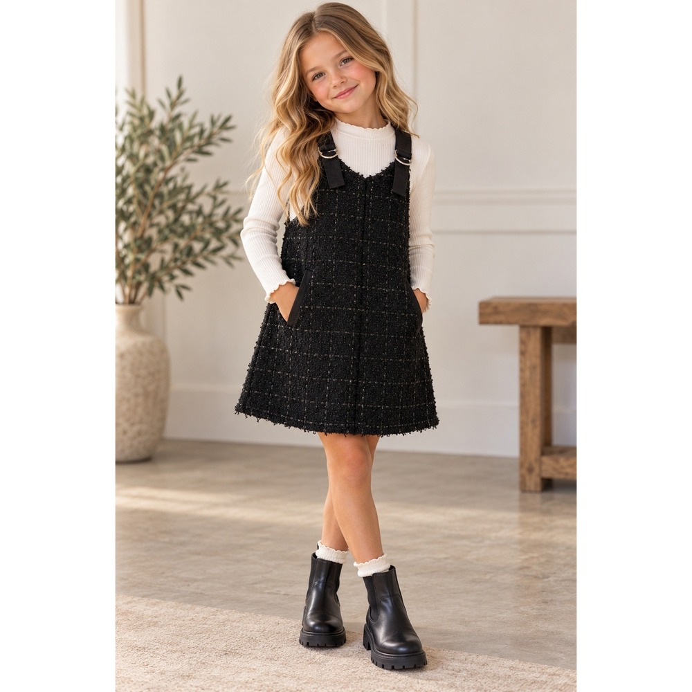 Zara Girls Black Tweed Pinafore Dress Overall Jumper Size 8 128cm NWT
